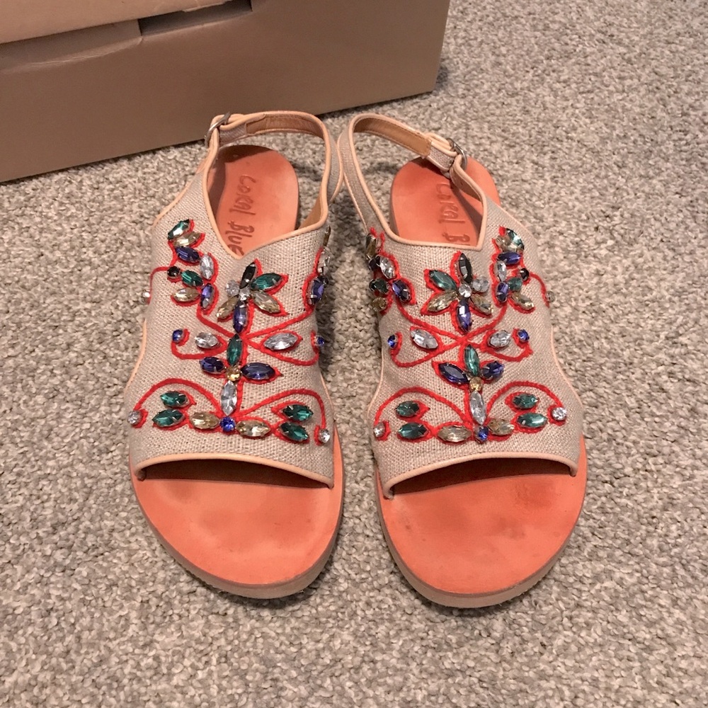 Anthropologie Coral Blue jeweled sandals